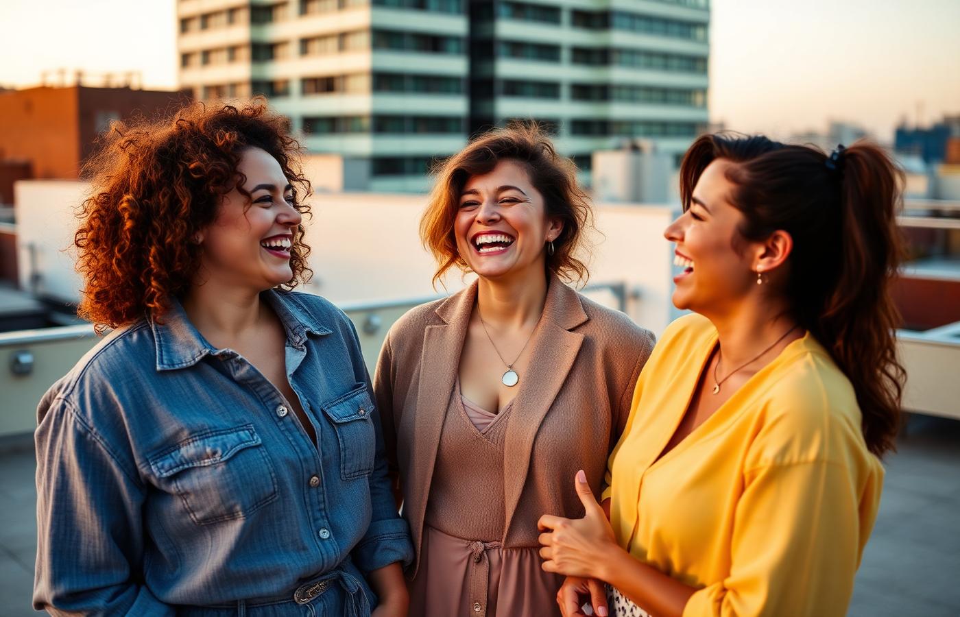 Women laughing together on a rooftop at golden hour